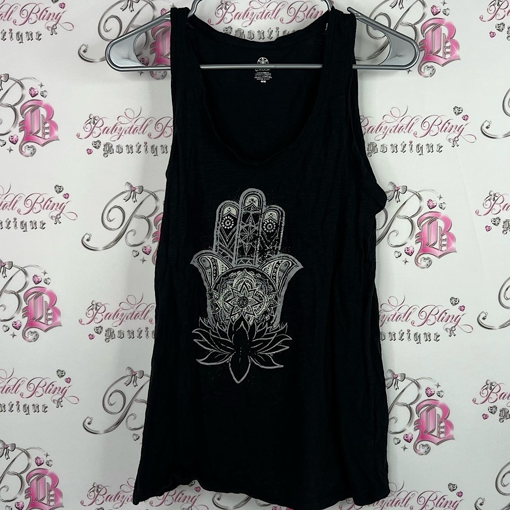 GAIAM tank top boho Black Tank Top with Hamsa Design